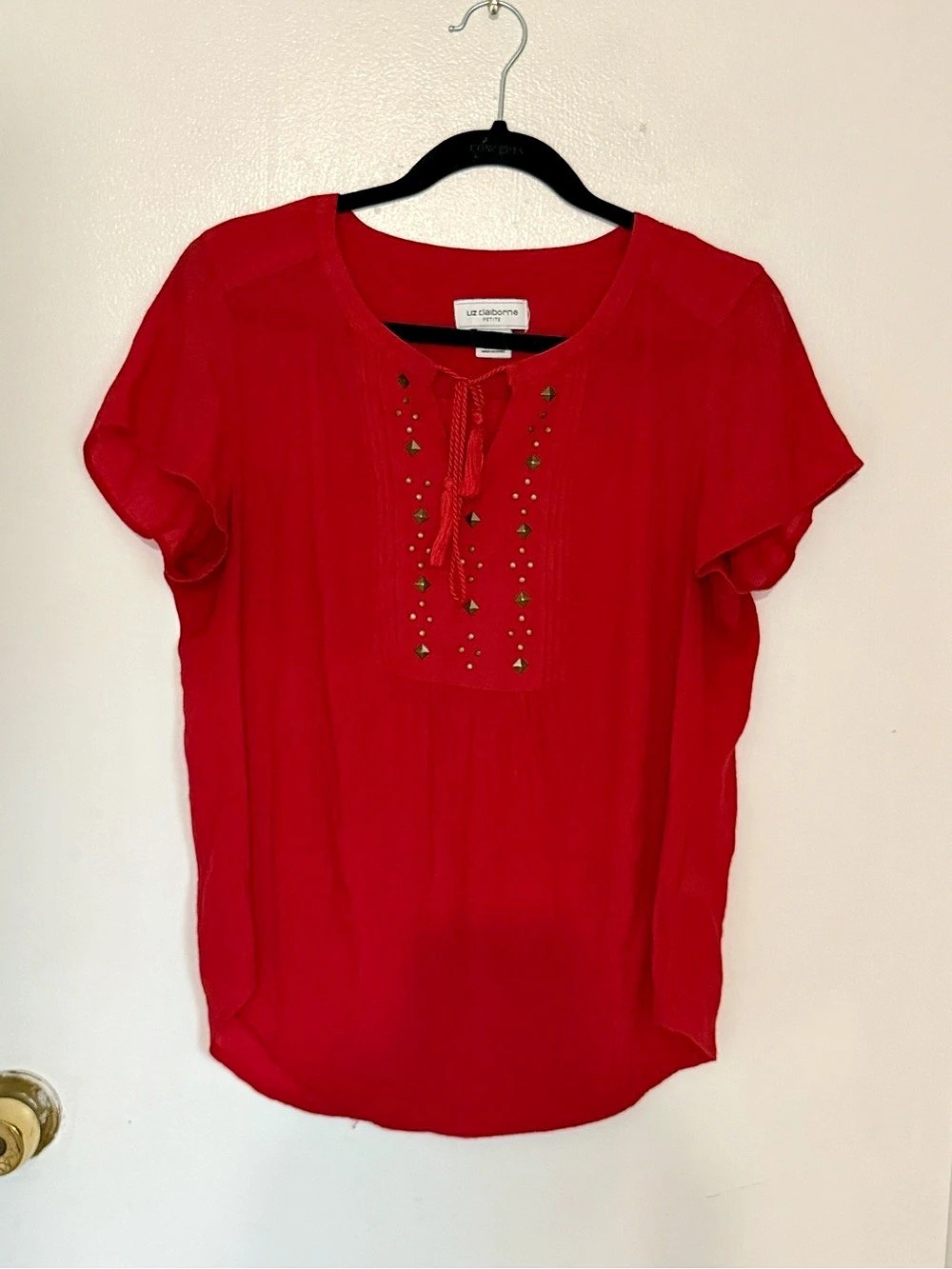 Liz Claiborne Embellished Tie Neck Blouse in Red Size PL